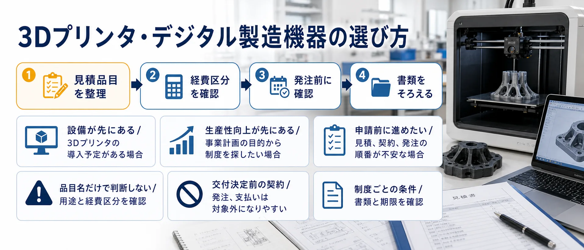 3Dプリンタ・デジタル製造機器の補助金を目的別に選ぶ判断フロー
