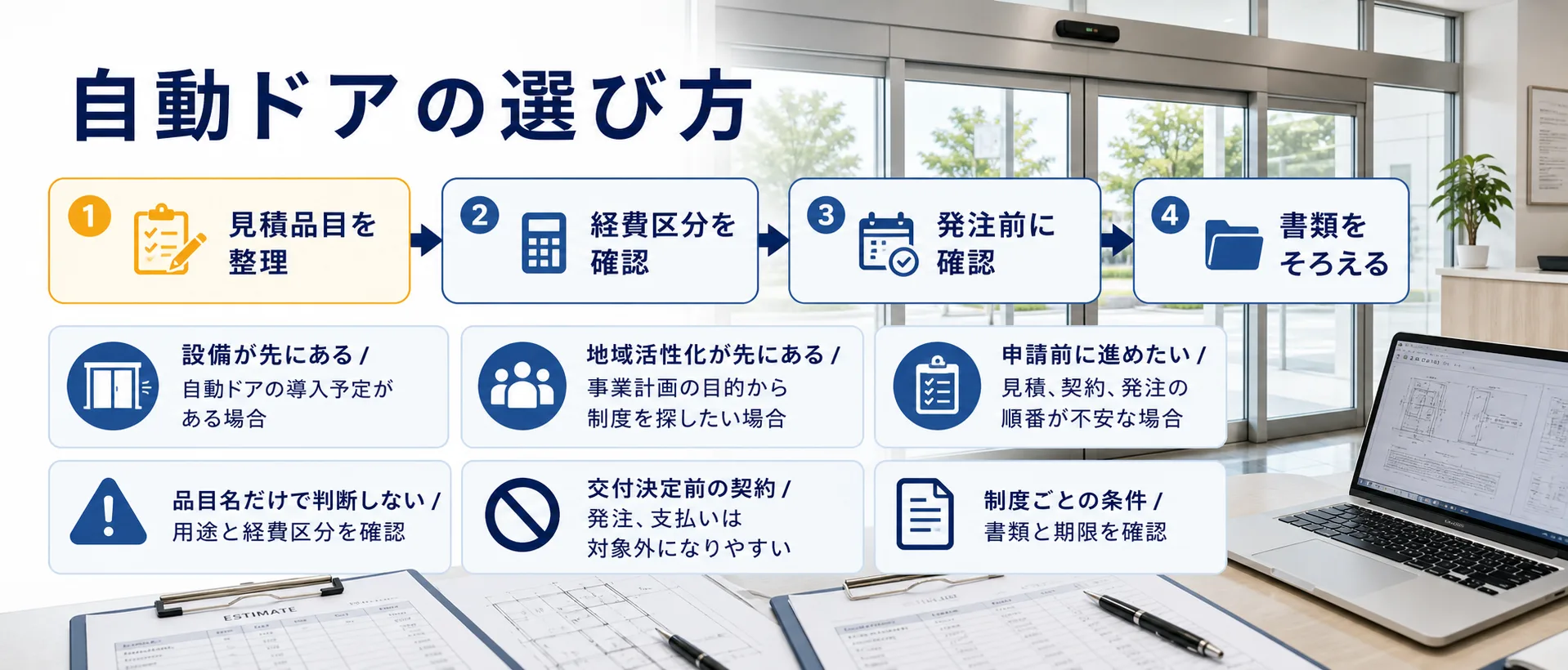 自動ドアの補助金を目的別に選ぶ判断フロー