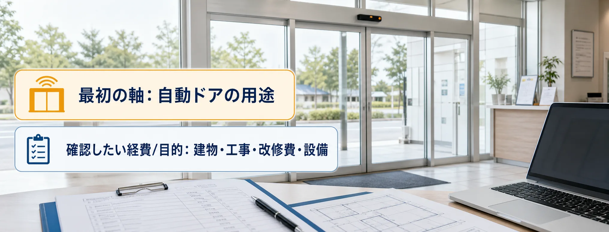 自動ドアの補助金の対象者・対象経費・注意点の早わかり図