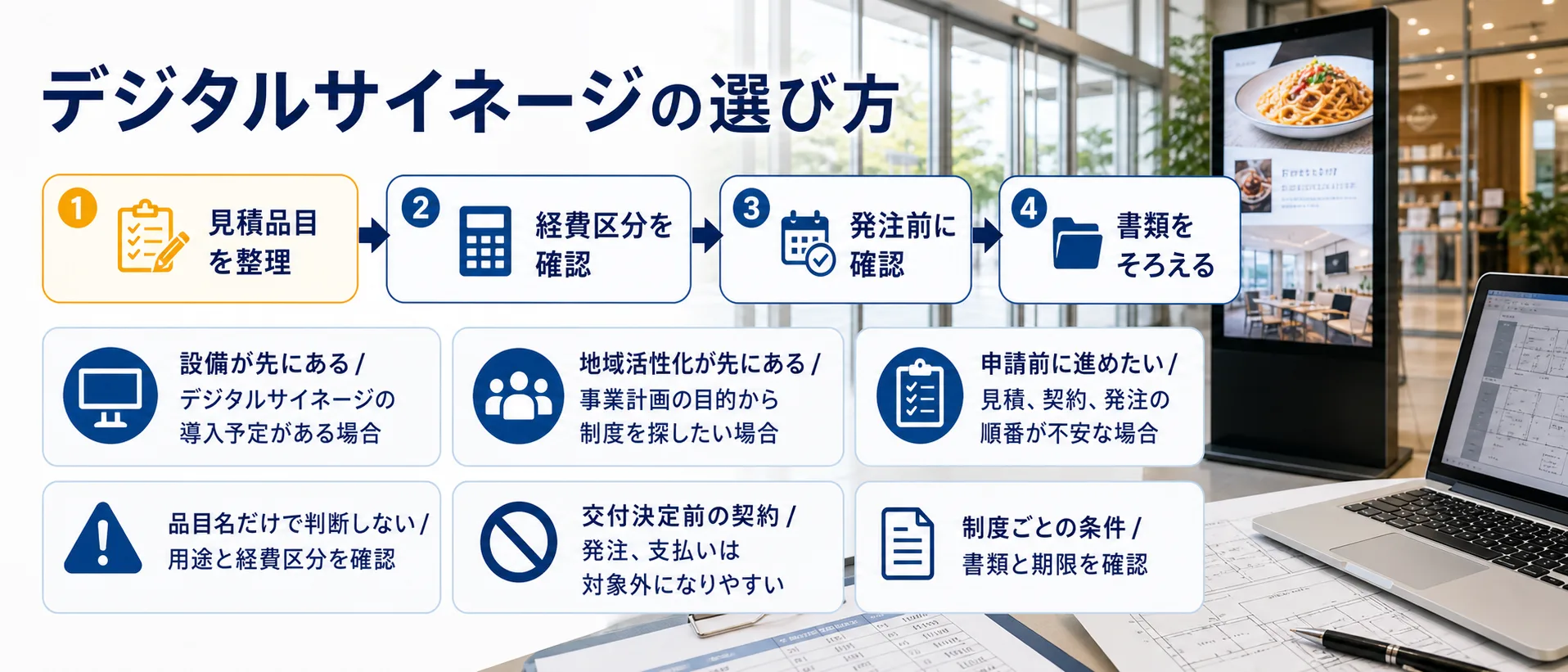 デジタルサイネージの補助金を目的別に選ぶ判断フロー