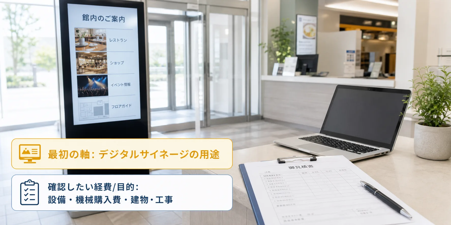 デジタルサイネージの補助金の対象者・対象経費・注意点の早わかり図