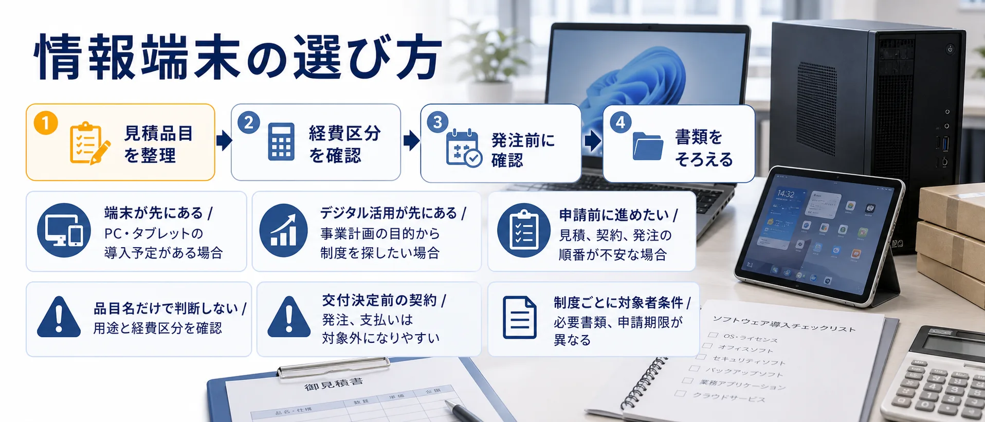 情報端末（PC・タブレット等）の補助金を目的別に選ぶ判断フロー