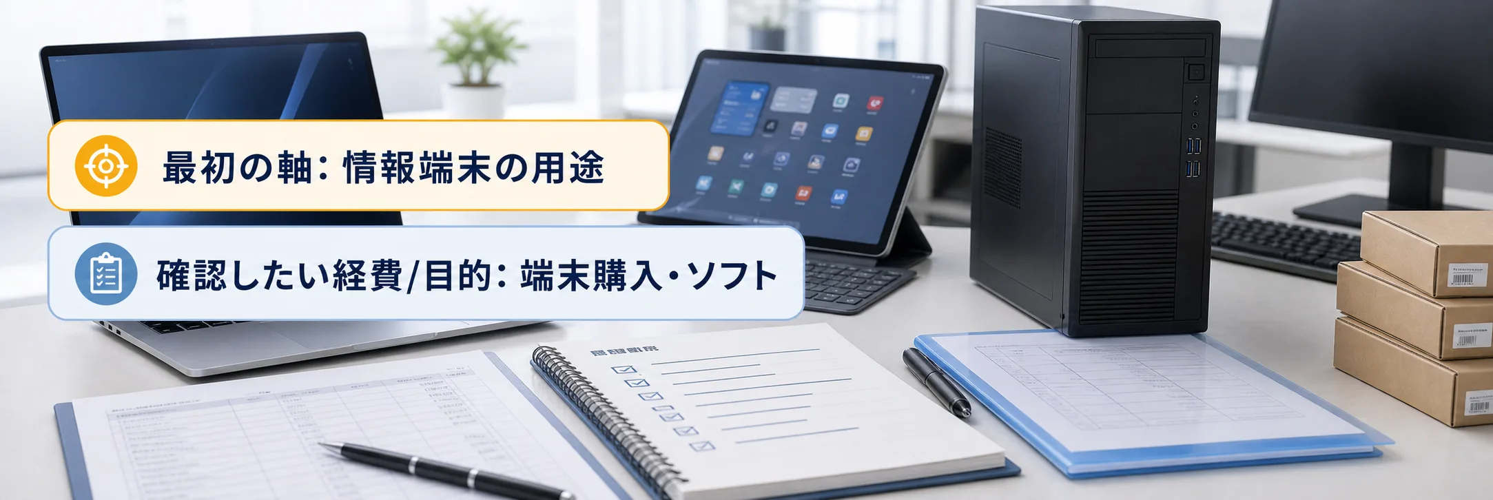 情報端末（PC・タブレット等）の補助金の対象者・対象経費・注意点の早わかり図