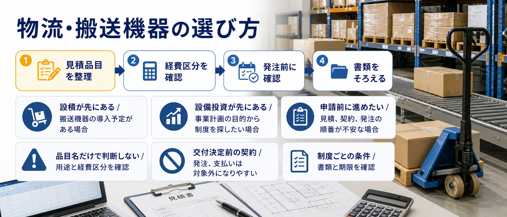 物流・搬送機器の補助金を目的別に選ぶ判断フロー