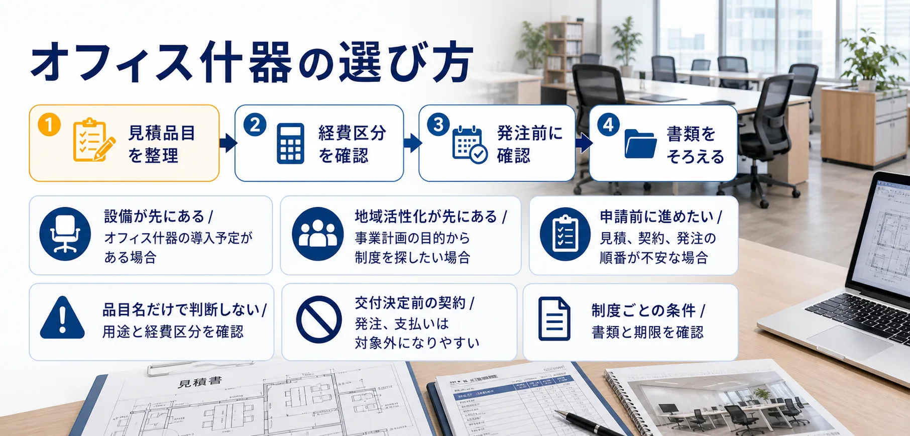 オフィス什器の補助金を目的別に選ぶ判断フロー