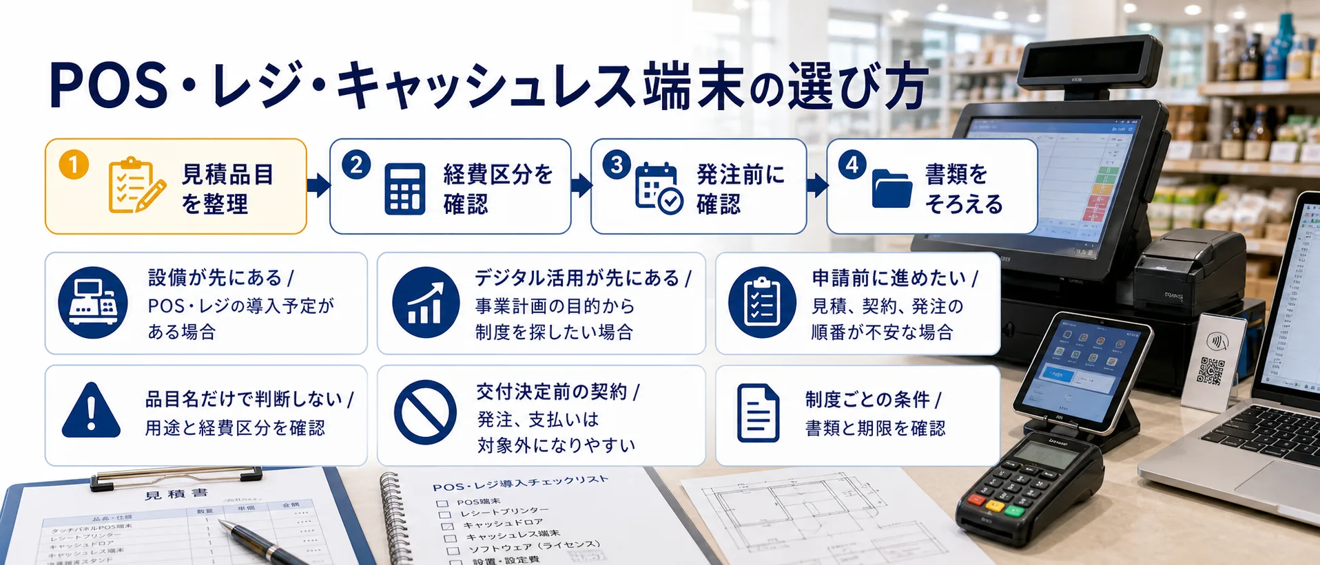 POS・レジ・キャッシュレス端末の補助金を目的別に選ぶ判断フロー