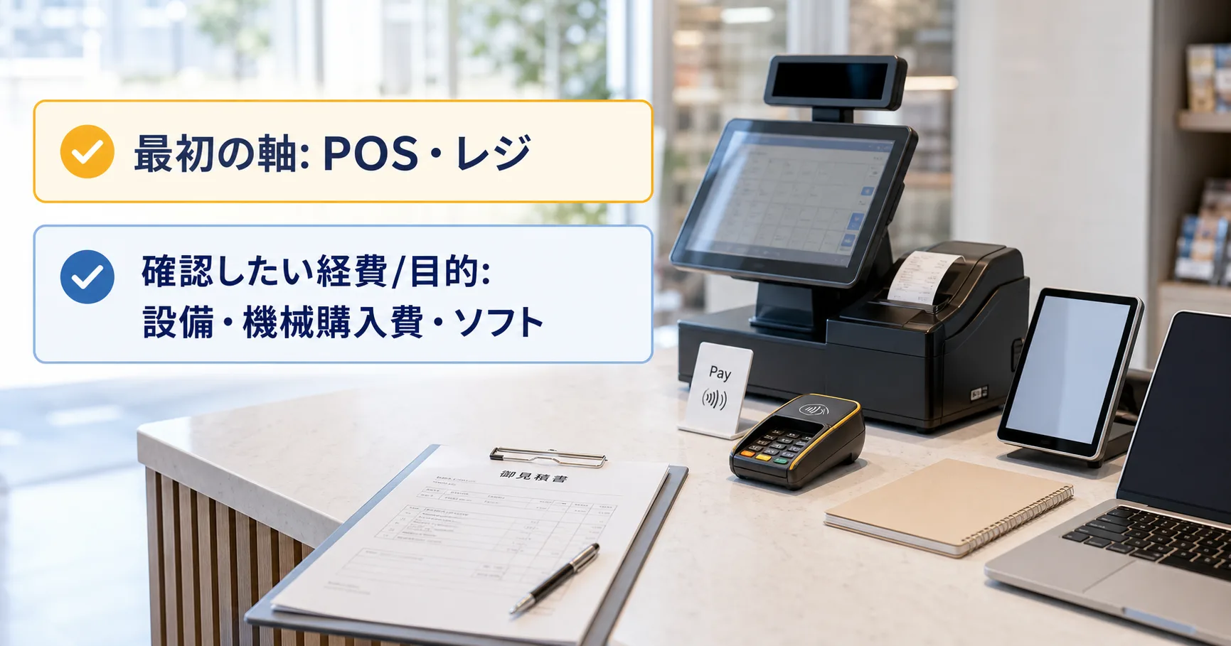 POS・レジ・キャッシュレス端末の補助金の対象者・対象経費・注意点の早わかり図