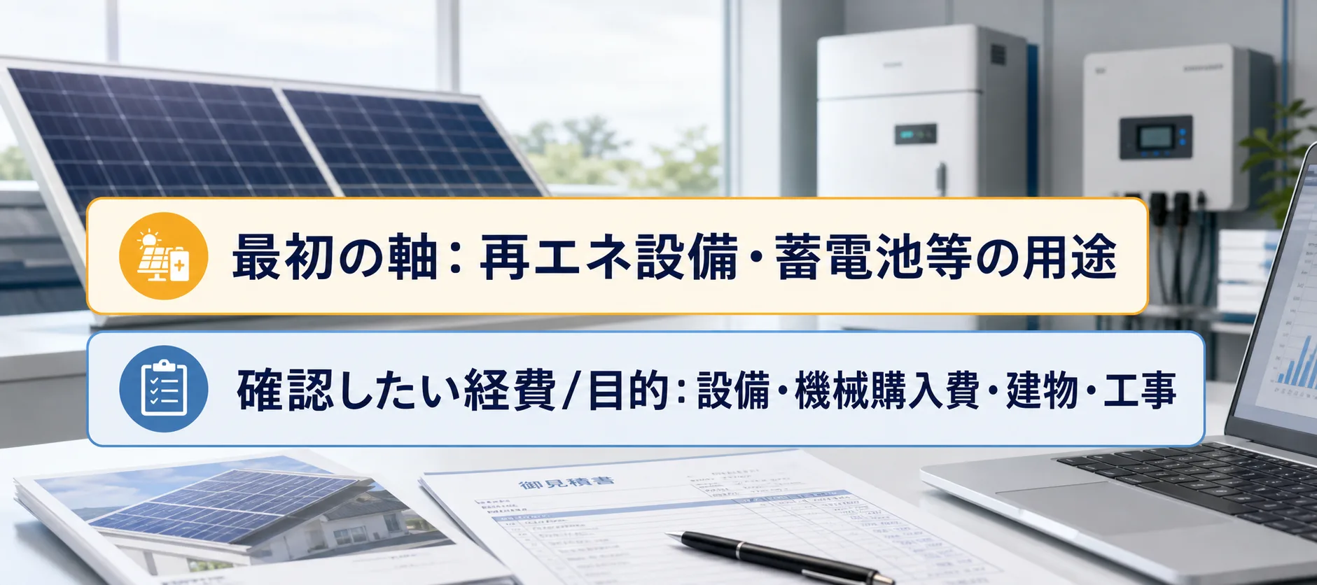 再エネ設備・蓄電池等の補助金の対象者・対象経費・注意点の早わかり図