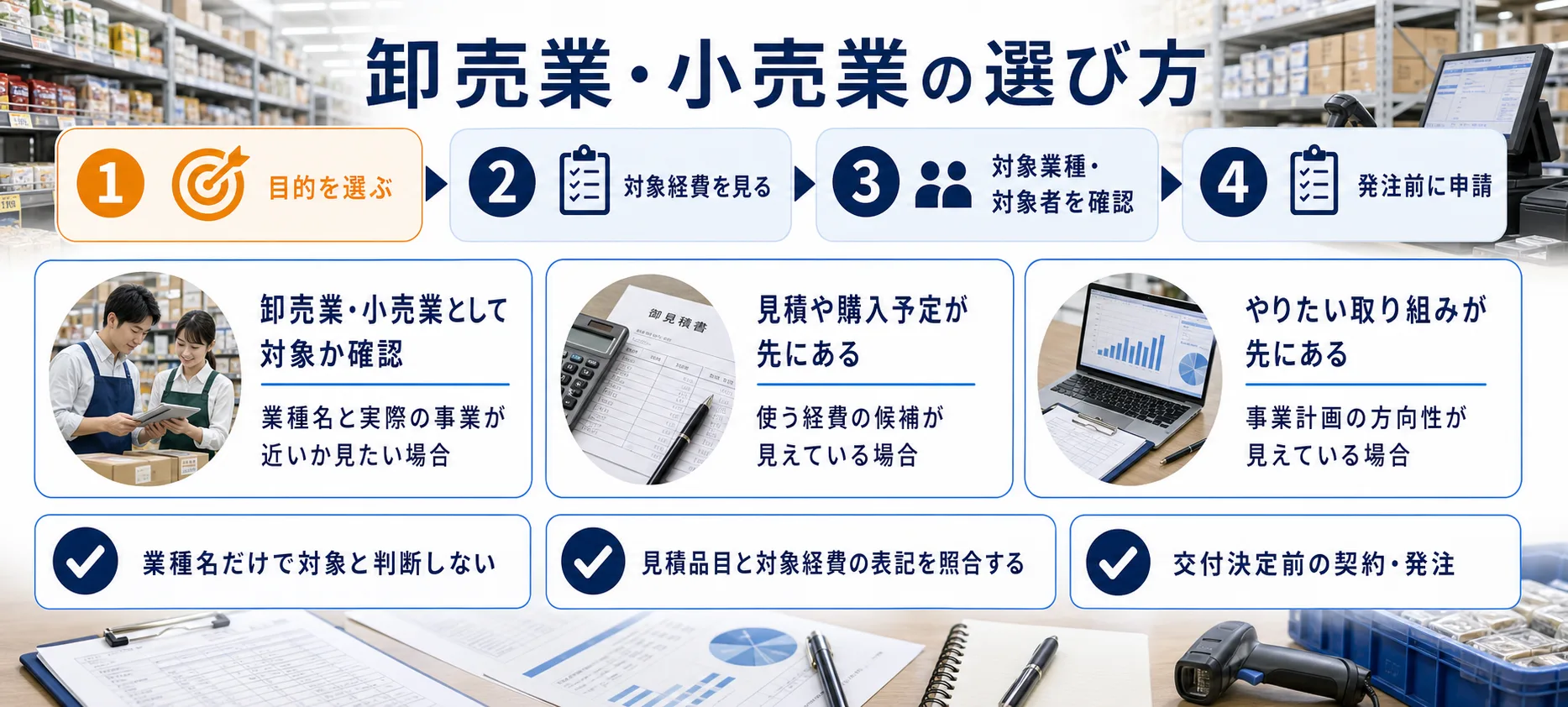 卸売業・小売業の補助金を目的別に選ぶ判断フロー