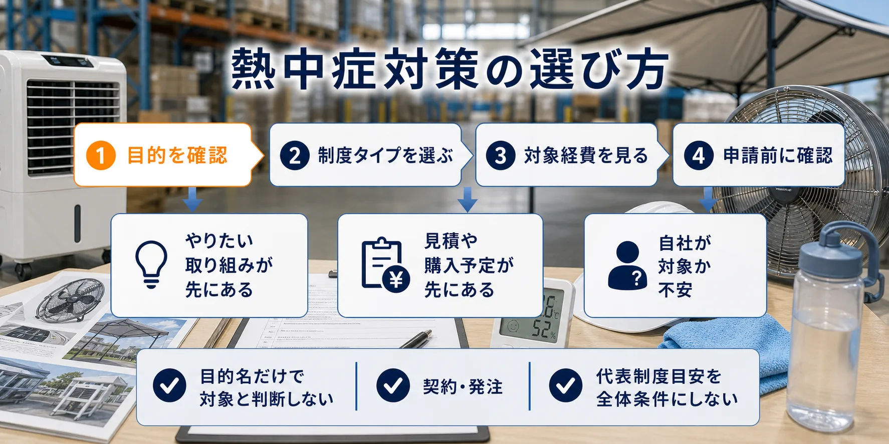 熱中症対策の補助金を目的別に選ぶ判断フロー