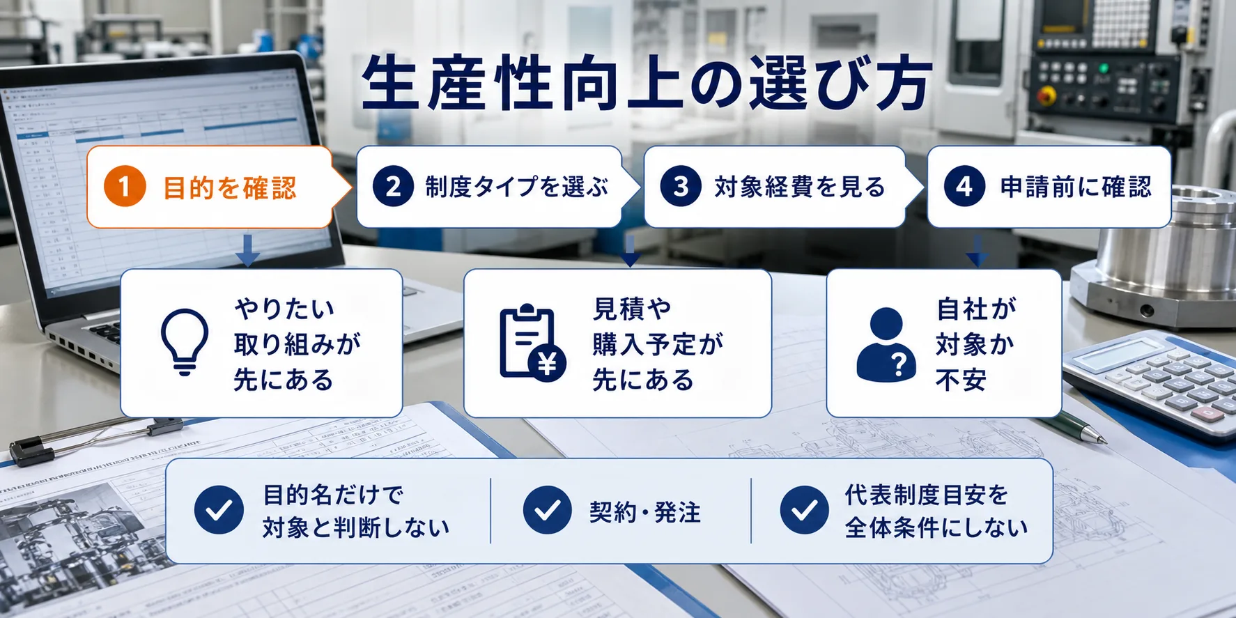 生産性向上の補助金を目的別に選ぶ判断フロー