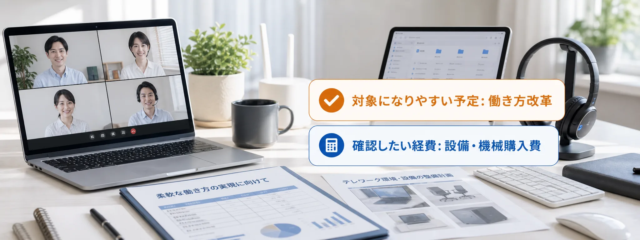 働き方改革・テレワークの補助金の対象者・対象経費・注意点の早わかり図