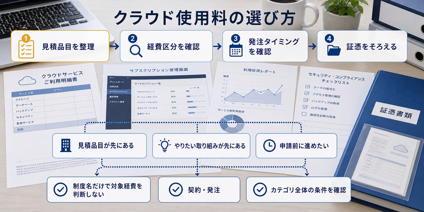 クラウド使用料の補助金を目的別に選ぶ判断フロー