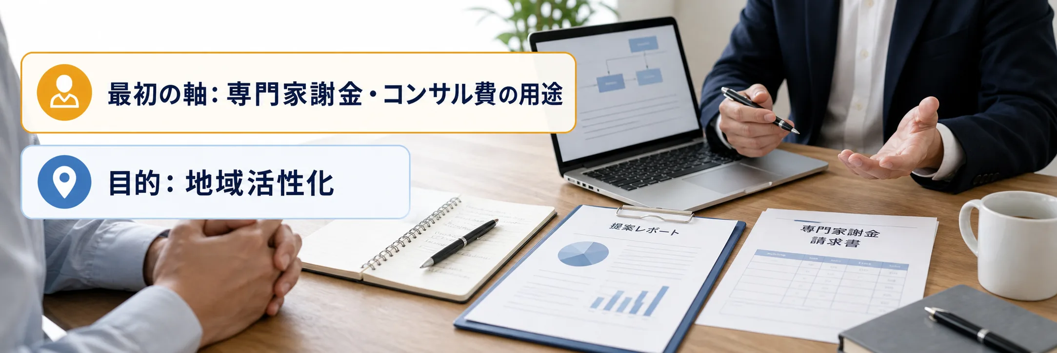 専門家謝金・コンサル費の補助金の対象者・対象経費・注意点の早わかり図