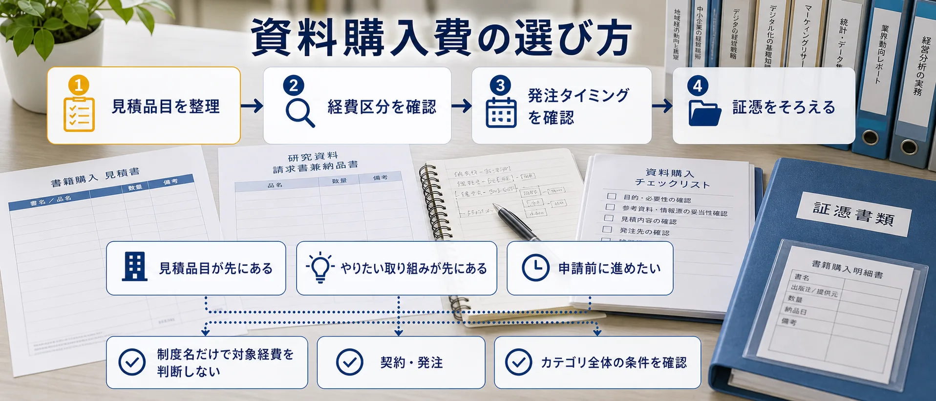 資料購入費の補助金を目的別に選ぶ判断フロー