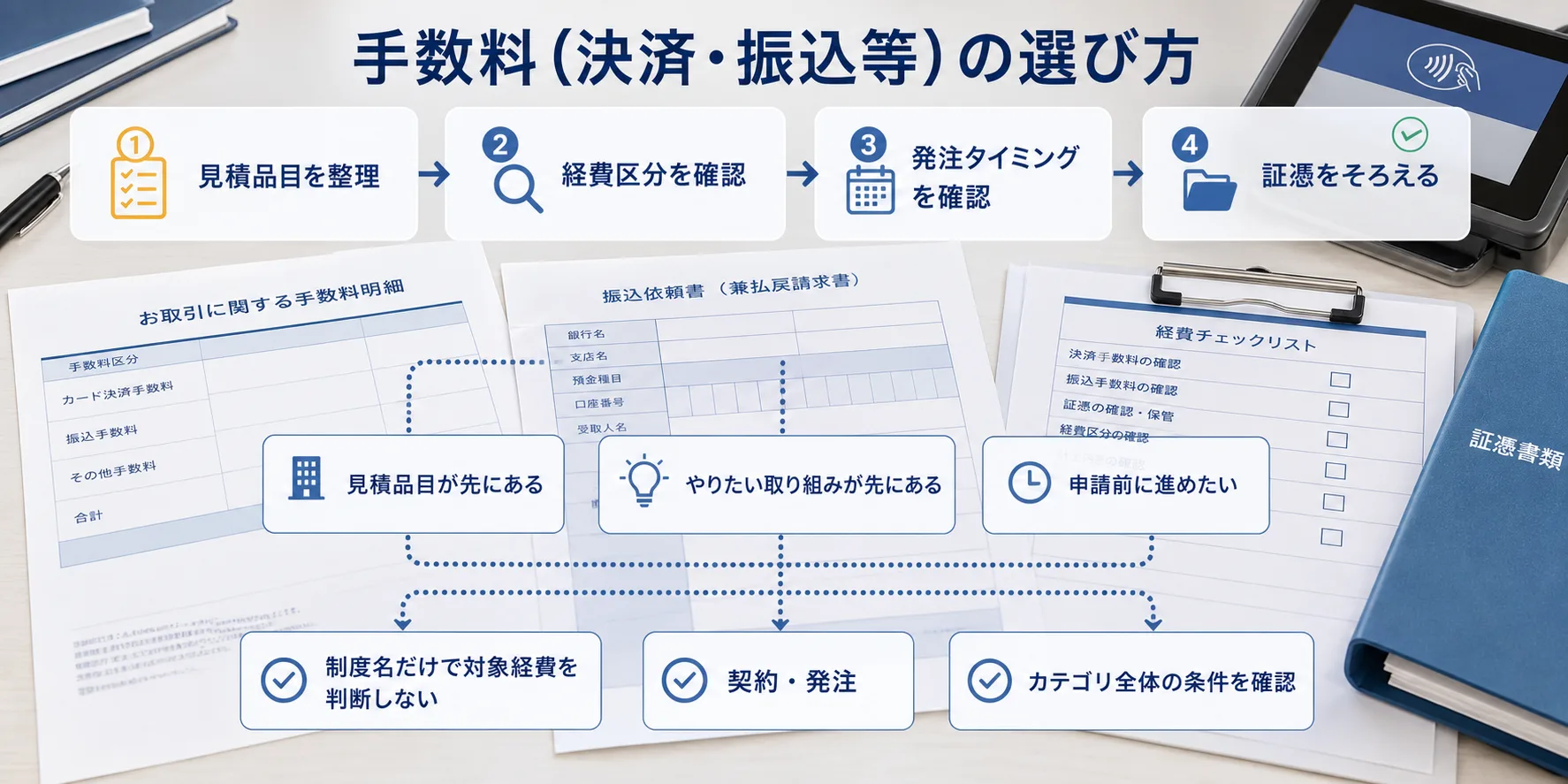 手数料（決済・振込等）の補助金を目的別に選ぶ判断フロー